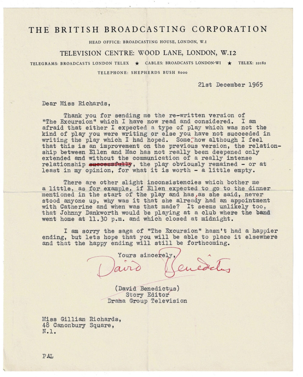 Image for TYPED LETTER SIGNED by the English novelist & theater director DAVID BENEDICTUS as the Story Editor at the BBC, rejecting a script submitted for his consideration with much constructive criticism. TYPED LETTER SIGNED by the English novelist & theater director DAVID BENEDICTUS as the Story Editor at the BBC, rejecting a script submitted for his consideration with much constructive criticism.