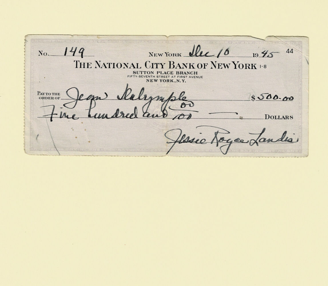 PARTIALLY PRINTED CHECK SIGNED by the American movie actress who is best known for her roles in Hitchcock films JESSIE ROYCE LANDIS to the order of Manhattan City Center Producer Jean Dalrymple.