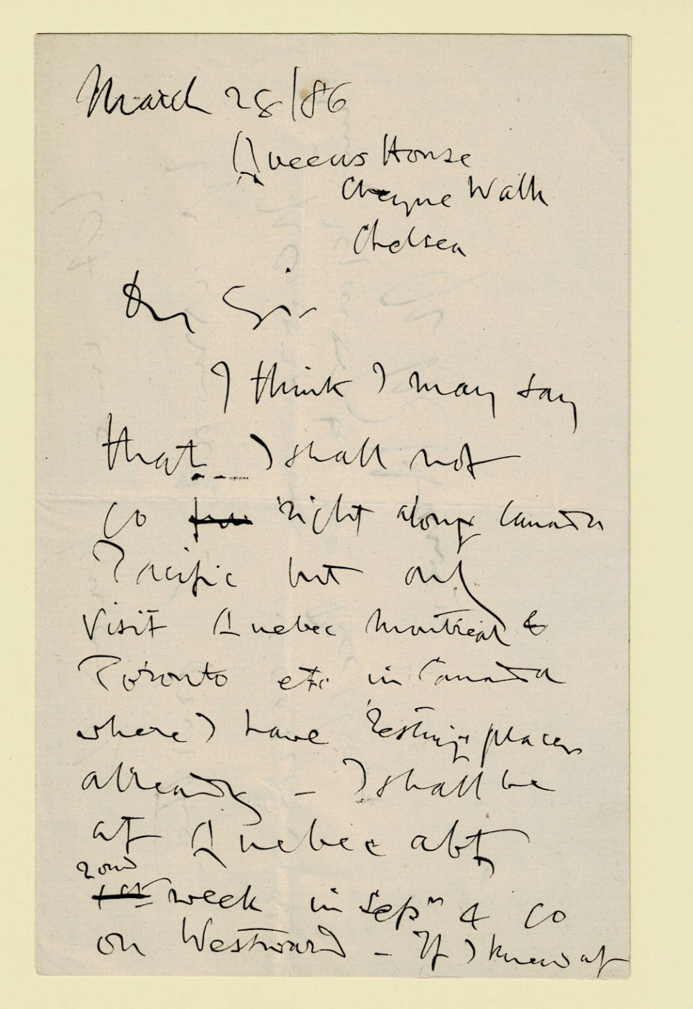 A Three-Page AUTOGRAPH LETTER SIGNED by the English cleric and writer on music HUGH REGINALD HAWEIS to the American impressario and lecture manager JAMES B. POND regarding lectures in Quebec, Montreal, and Toronto.