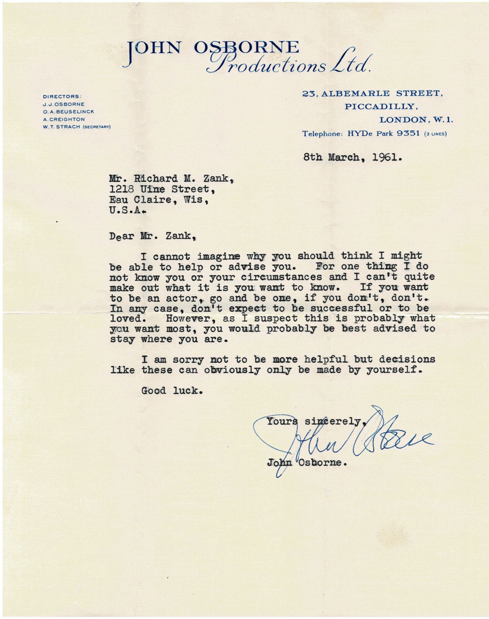 TYPED LETTER SIGNED by the English playwright & actor JOHN OSBORNE, replying to a young actor's request for advice.