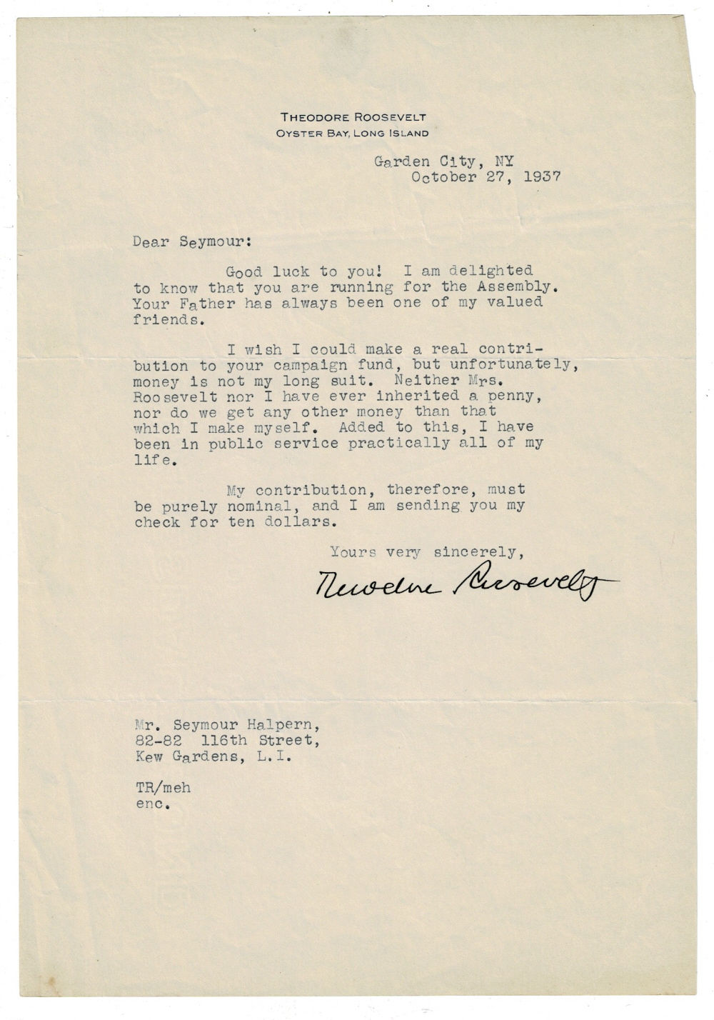 Image for TYPED LETTER SIGNED by the former president's eldest son and Medal of Honor recipient THEODORE ROOSEVELT, JR. wishing future U.S. Congressman Seymour Halpern luck in his run for the NY State Assembly. TYPED LETTER SIGNED by the former president's eldest son and Medal of Honor recipient THEODORE ROOSEVELT, JR. wishing future U.S. Congressman Seymour Halpern luck in his run for the NY State Assembly.