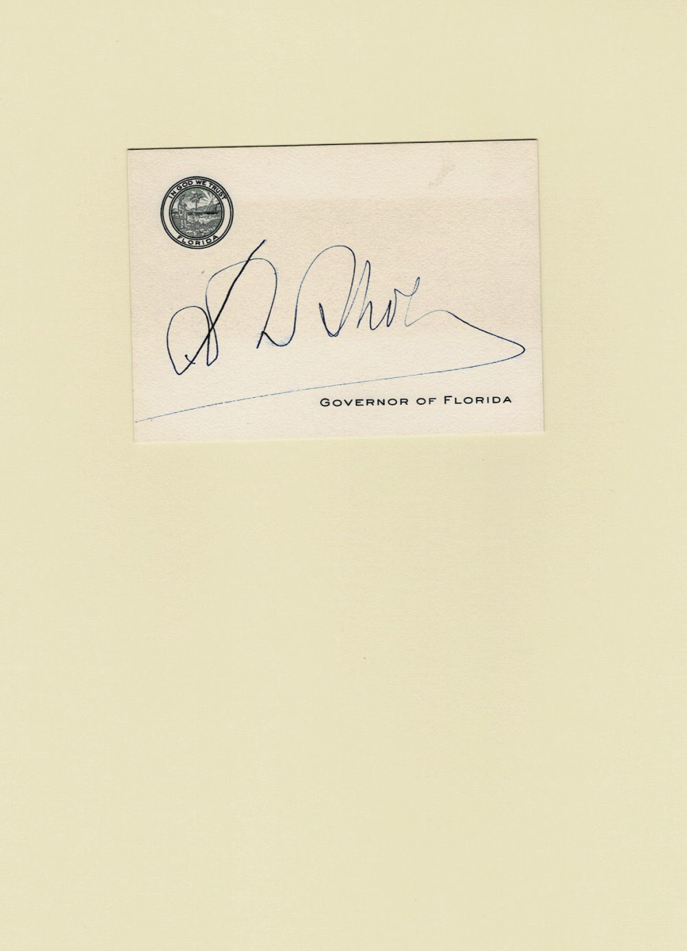 AUTOGRAPH, Calling Card SIGNED by the Governor of Florida DAVID SCHOLZ.