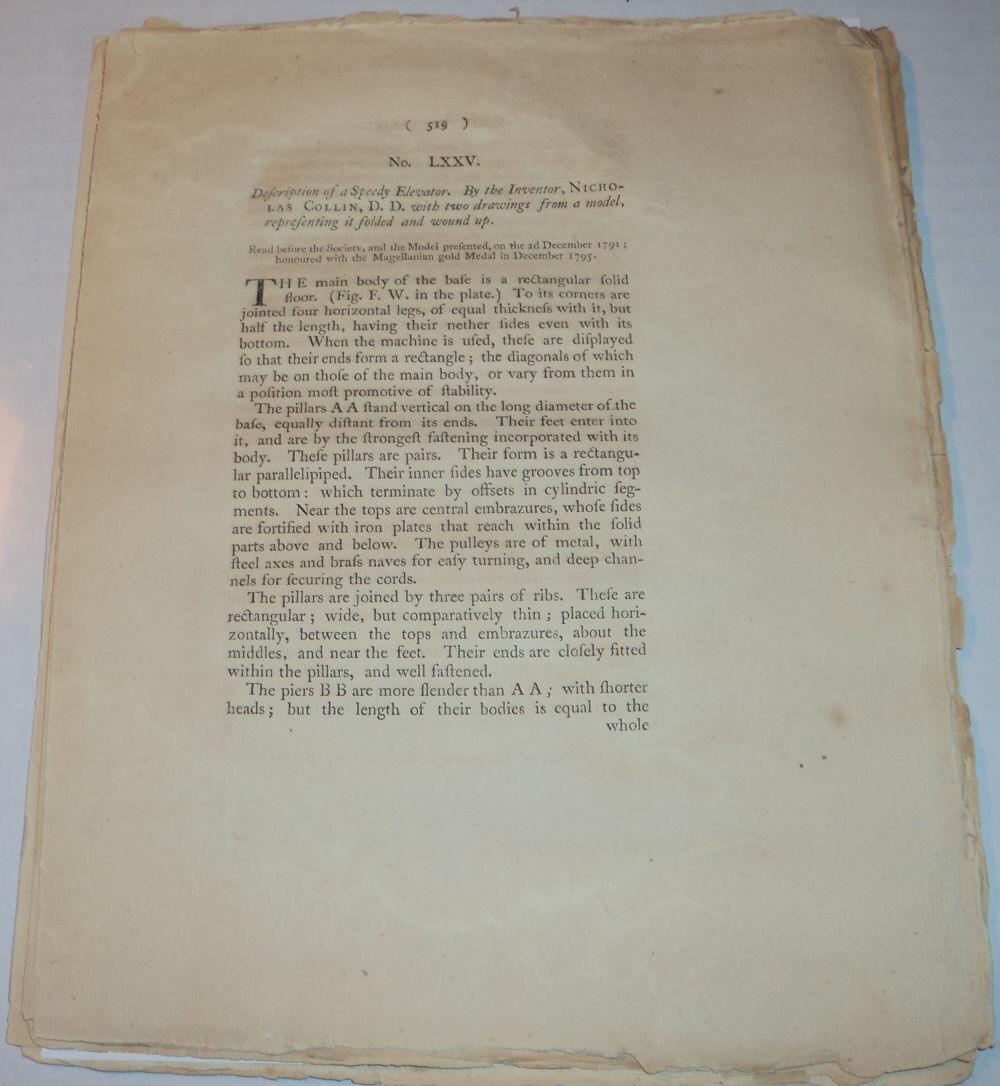 DESCRIPTION OF A SPEEDY ELEVATOR. By the Inventor, Nicholas Collin, D.D. with two drawings from a model representing it folded and wound up. [From the 
