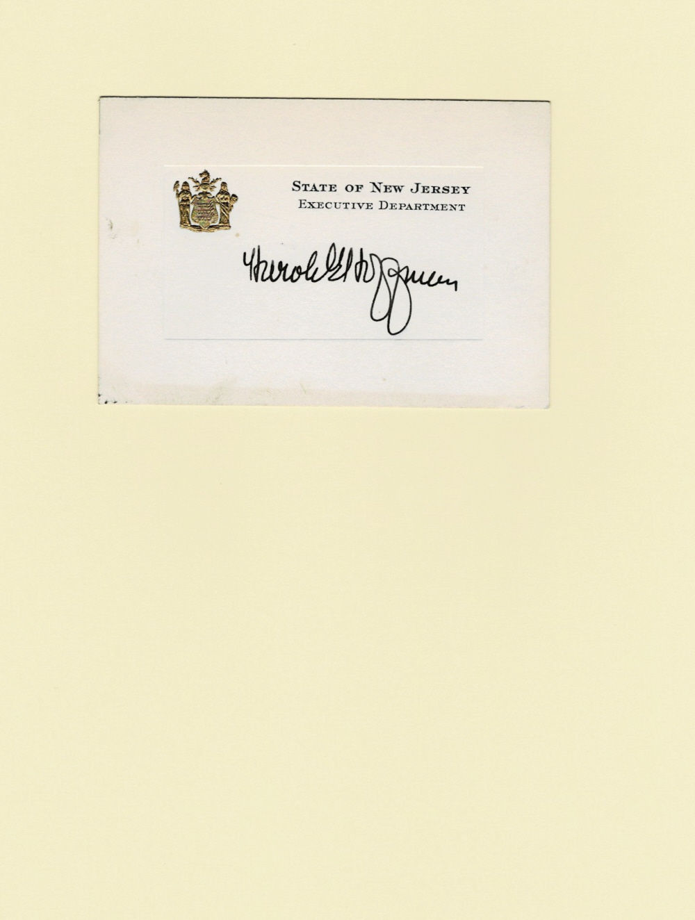 AUTOGRAPH penned by New Jersey Governor HAROLD G. HOFFMAN on his State of New Jersey calling card.