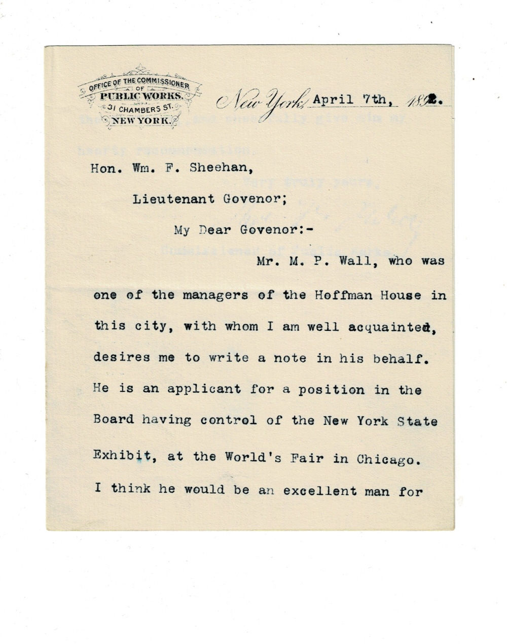 Image for TYPED LETTER SIGNED by the titular head of Tammany Hall and Mayor of New York City THOMAS FRANCIS GILROY as Commissioner of Public Works. TYPED LETTER SIGNED by the titular head of Tammany Hall and Mayor of New York City THOMAS FRANCIS GILROY as Commissioner of Public Works.