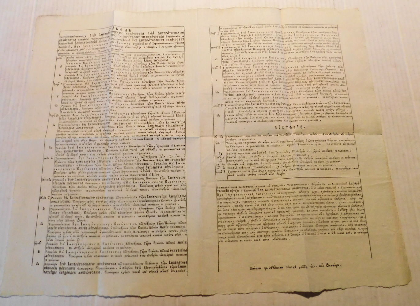 Loosely translated from the Cyrillic: [TABLE OF THE HIGHLY SOLEMN BIRTHDAYS and NAME-DAYS of HIS IMPERIAL MAJESTY and HER IMPERIAL MAJESTY.AS WELL AS VICTORY DAYS; with an indication of which months and dates, and with what church ceremony in the sacred services it is appropriate to observe them.] A