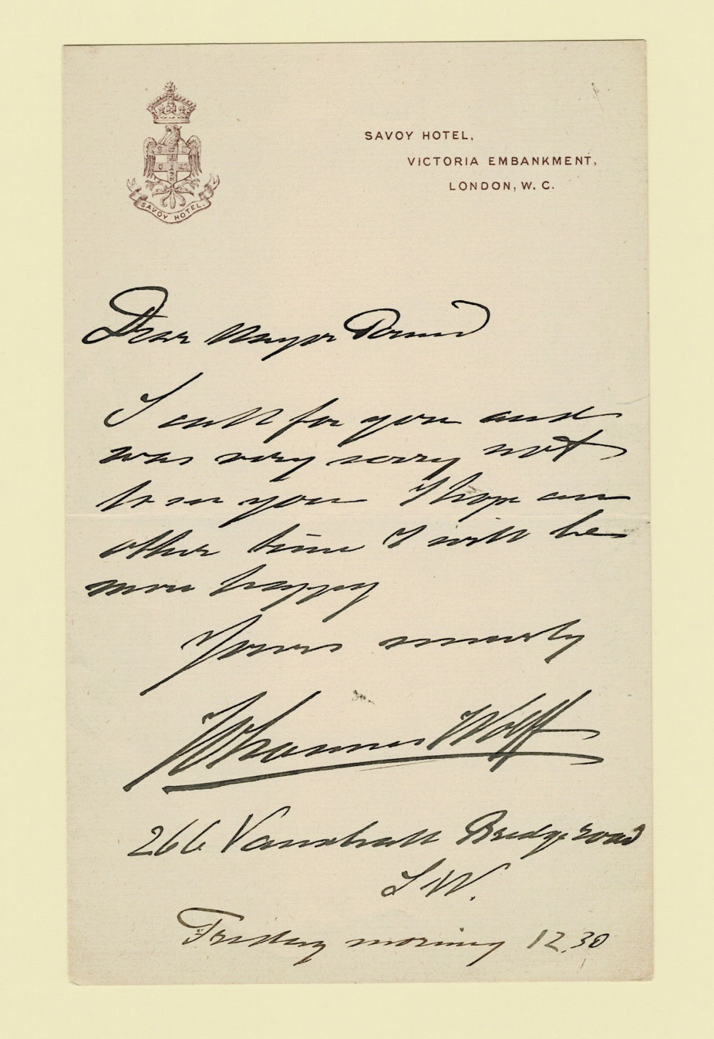 AUTOGRAPH NOTE SIGNED by the Dutch Virtuoso Violinist JOHANNES WOLFF to the American lecture manager Major James B. Pond.