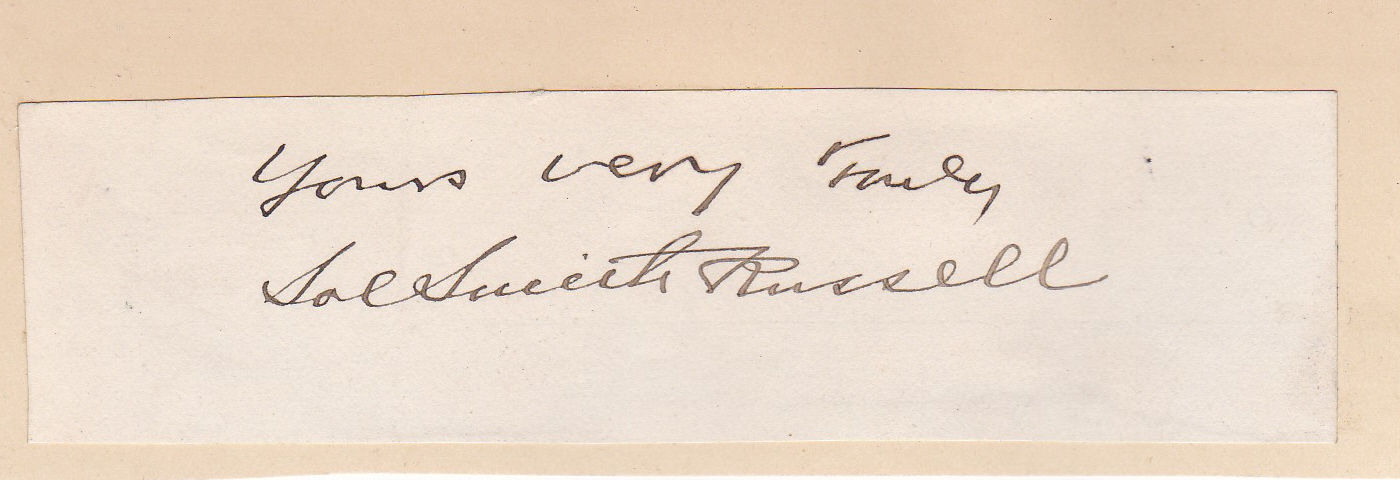 Image for CUT SIGNATURE OF NINETEENTH-CENTURY AMERICAN COMEDIC ACTOR SOL SMITH RUSSELL. CUT SIGNATURE OF NINETEENTH-CENTURY AMERICAN COMEDIC ACTOR SOL SMITH RUSSELL.