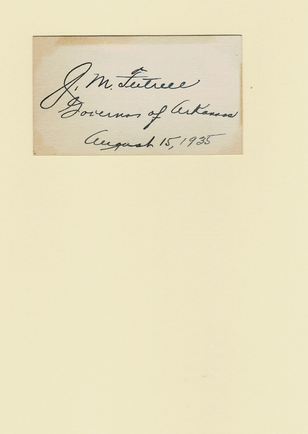 AUTOGRAPH: A Calling Card SIGNED by JUNIUS MARION FUTRELL as Governor of Arkansas.