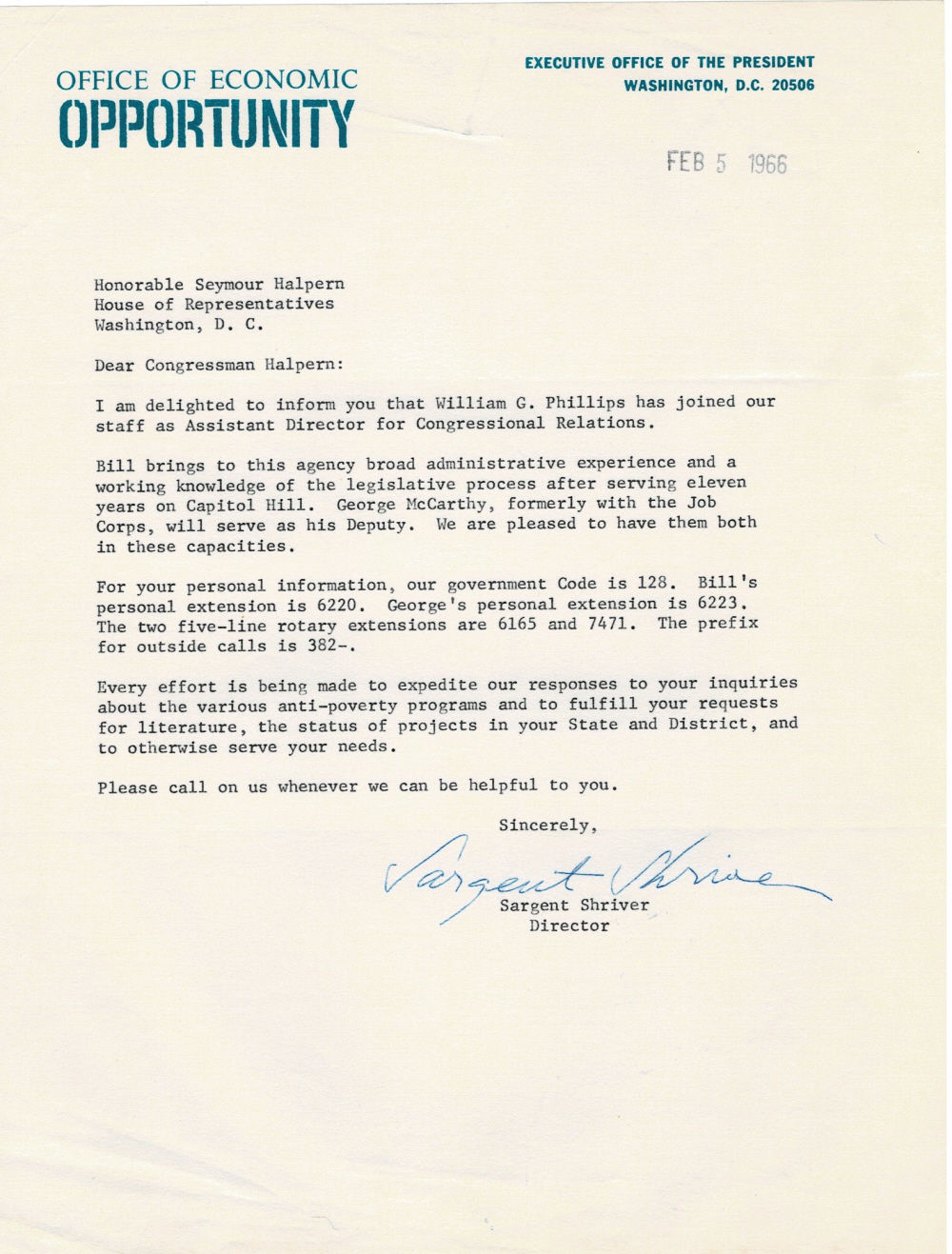 TYPED LETTER SIGNED by the American Politician and Activist, First Director of the PEACE CORPS and Director of Lyndon Johnson's Office of Economic Opportunity SARGENT SHRIVER.