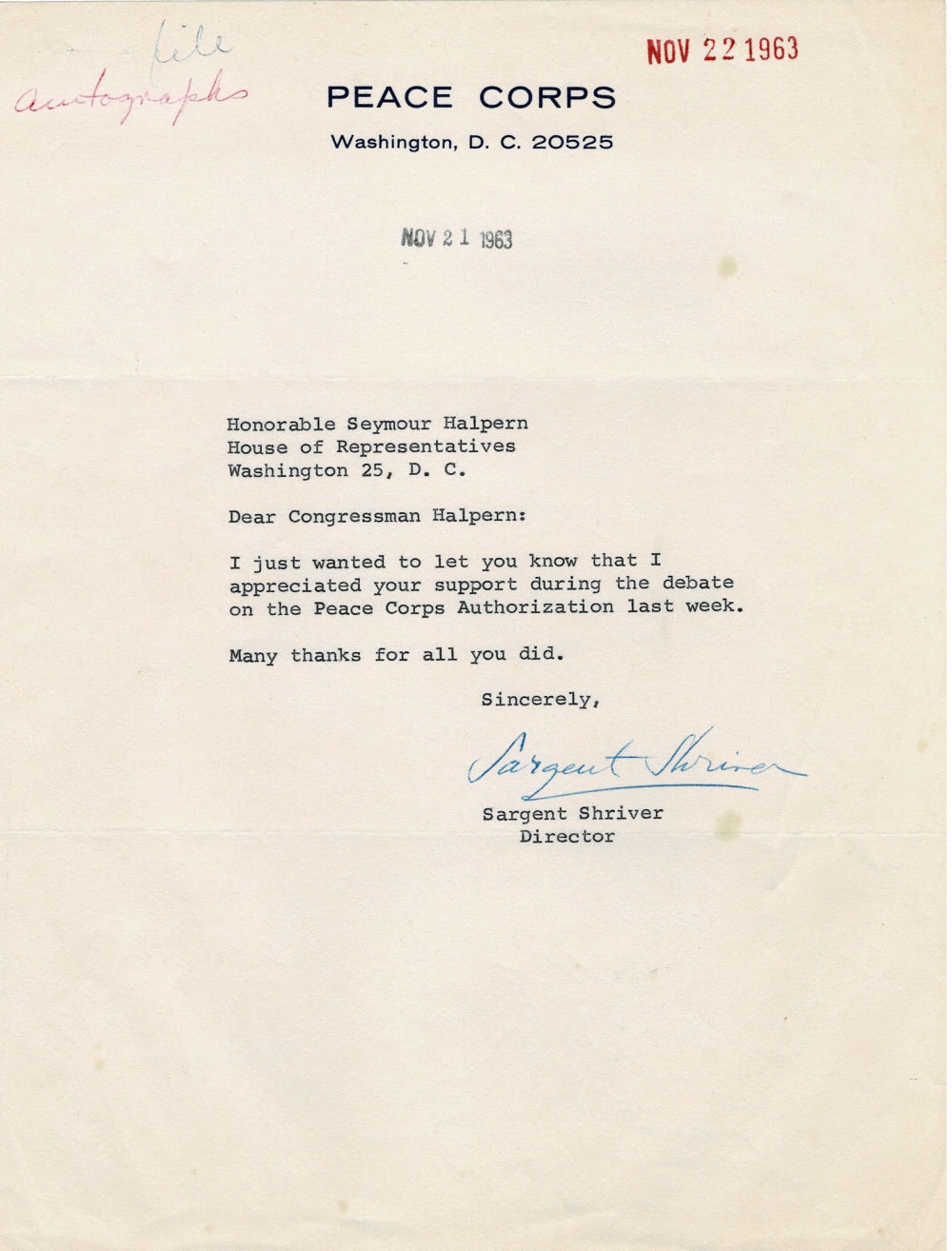 TYPED LETTER SIGNED by the American Politician and Activist and First Director of the PEACE CORPS SARGENT SHRIVER.