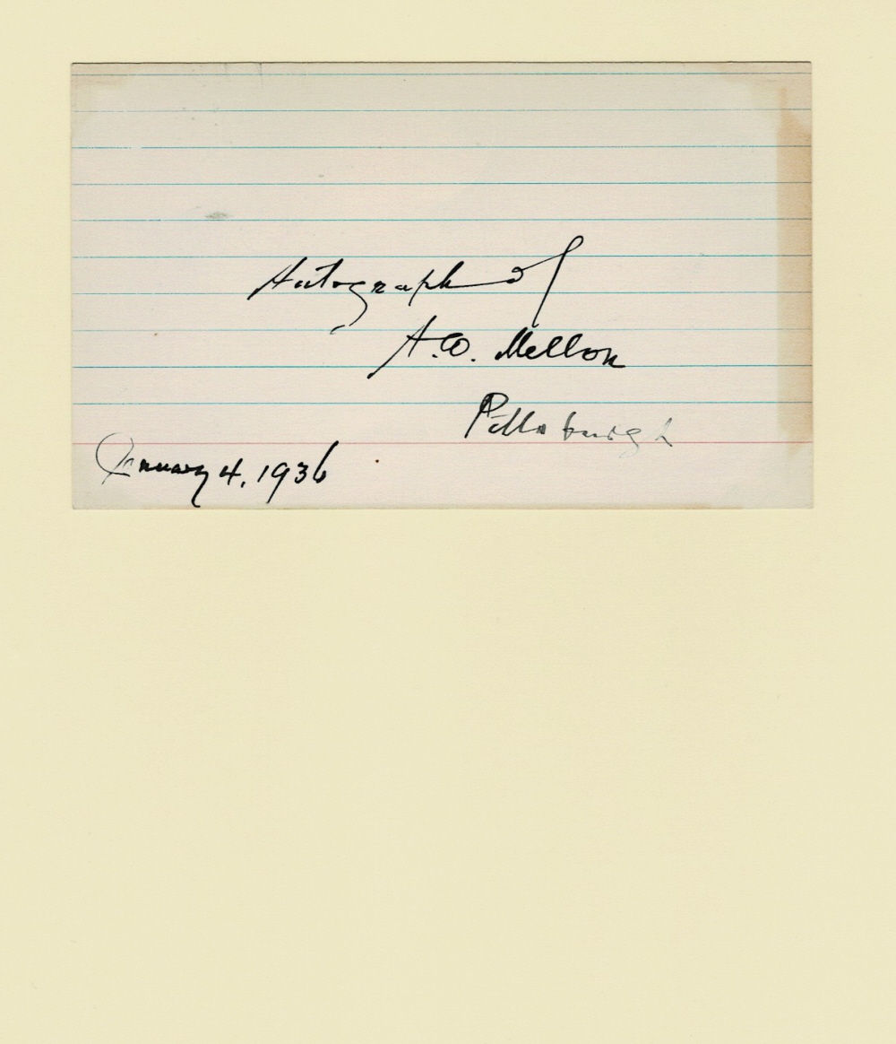 AUTOGRAPH: Index Card ANNOTATED & SIGNED by the American Industrialist & Secretary of the Treasury ANDREW W. MELLON/