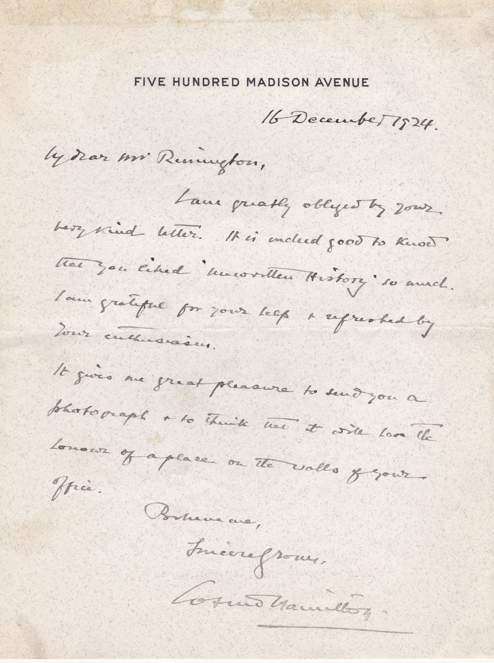 Hamilton, Cosmo. (1870-1942). English novelist and playwright. - Autograph Letter Signed by English Novelist and Playwright Cosmo Hamilton.