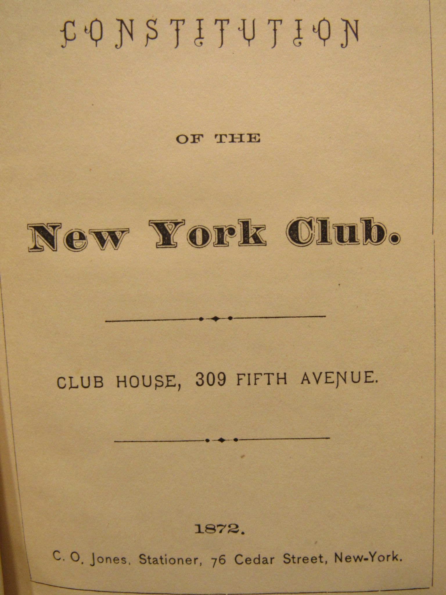 Constitution of the New York Club, 1872