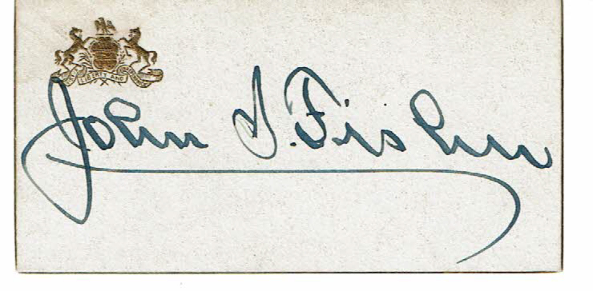 Fisher, John S. (1867-1940). American politician who served as the 29th Governor of Pennsylvania from 1927 to 1931. - Signature on a Card with the Governor's Seal.