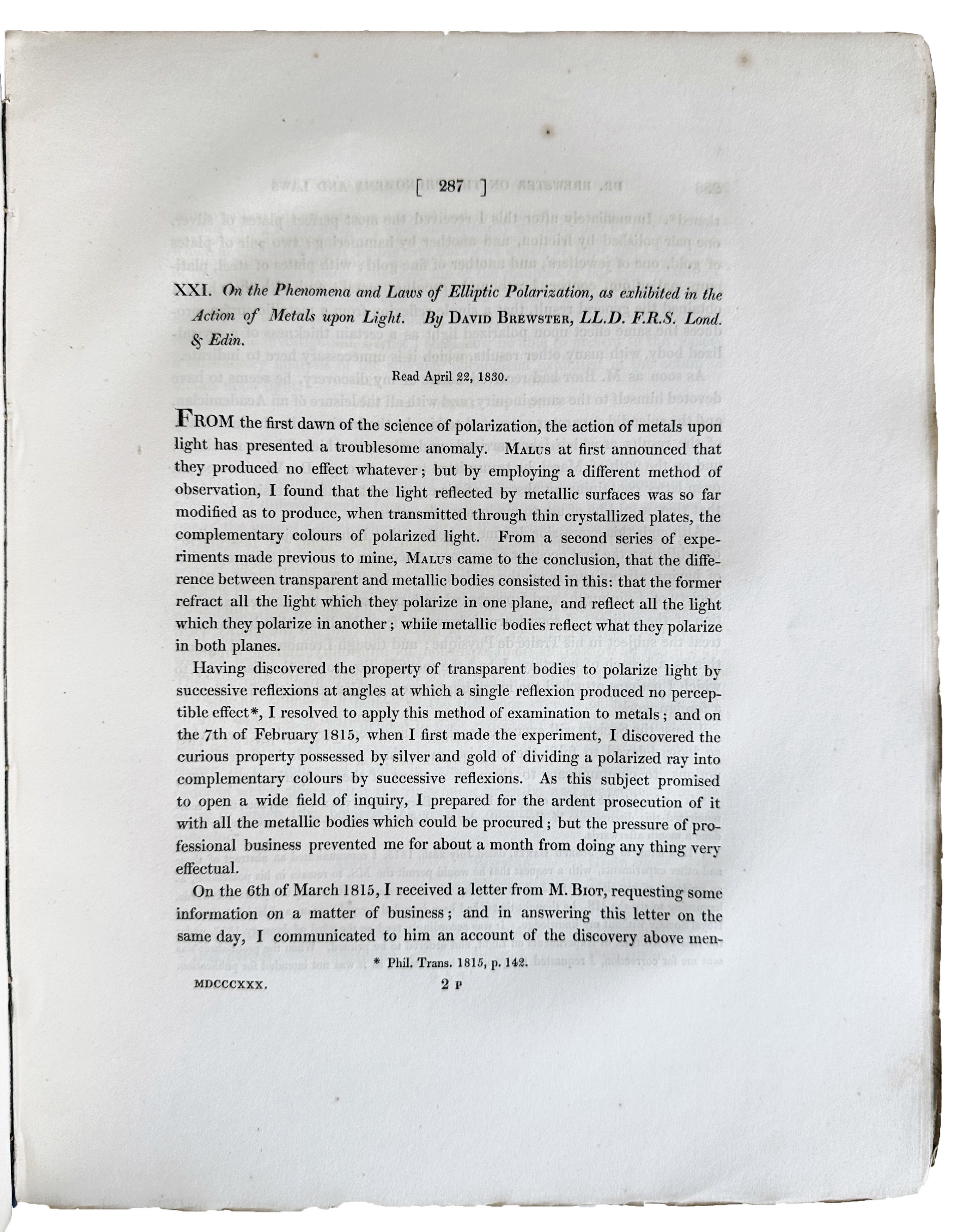 On the phenomena and laws of elliptic polarization, as exhibited in the action of metals upon light. In: The Philosophical Transactions of the Royal Society . . .