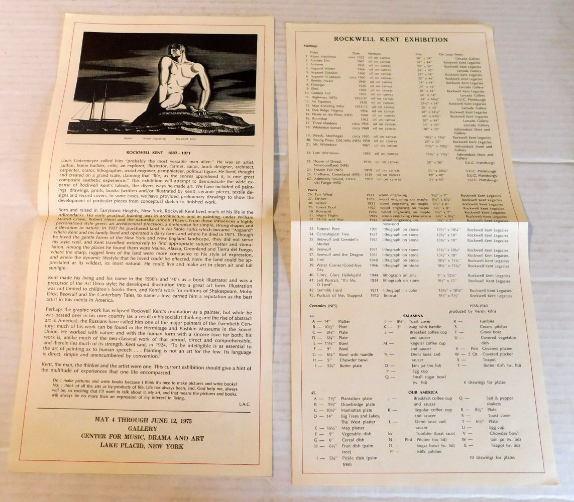 Image for ROCKWELL KENT: SPECIAL EXHIBITION CALENDAR. May 4 through June 12, 1975. Gallery The Center for Music, Drama and Art, Lake Placid, New York. ROCKWELL KENT: SPECIAL EXHIBITION CALENDAR. May 4 through June 12, 1975. Gallery The Center for Music, Drama and Art, Lake Placid, New York.