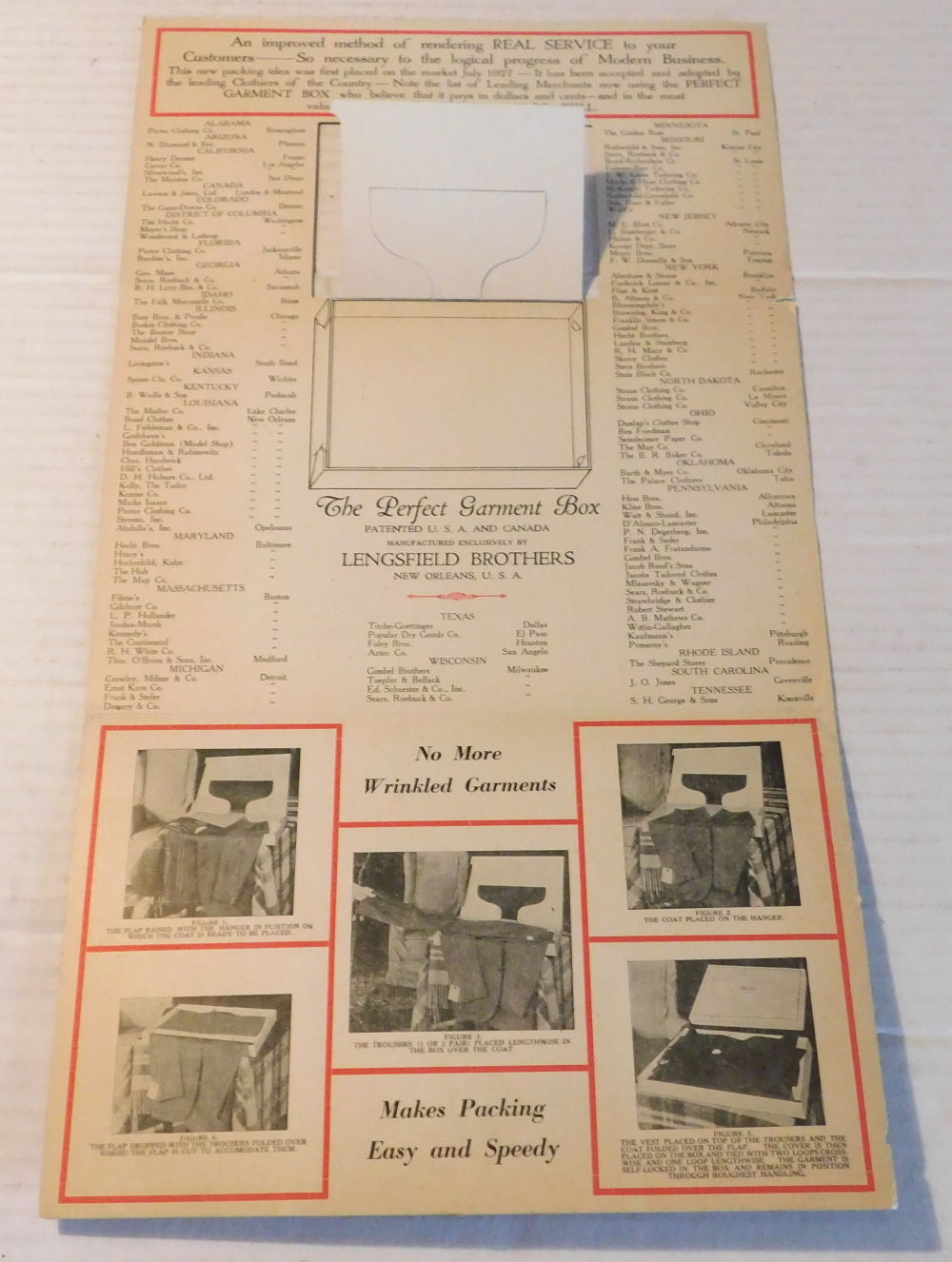 THE PERFECT GARMENT BOX Patented U.S.A. and CANADA Manufactured Exclusively by LENGSFIELD BROTHERS New Orleans, U.S.A.