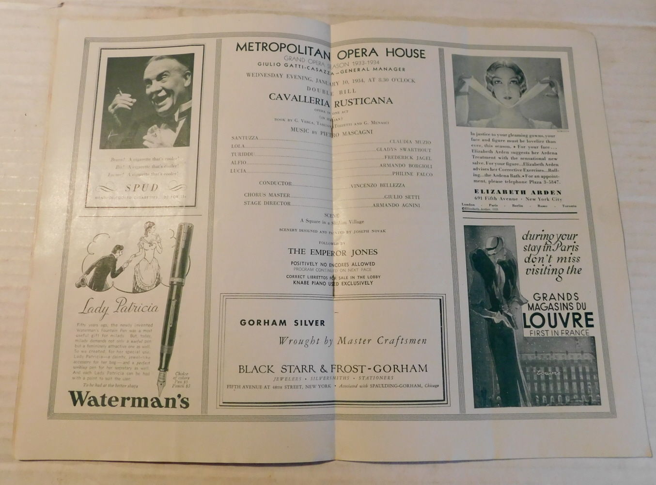 Image for ORIGINAL PROGRAM for the METROPOLITAN OPERA HOUSE DOUBLE BILL: CAVALLERIA RUSTICANA by Pietro Mascagni with CLAUDIA MUZIO in the role of Santuzza, followed by THE EMPEROR JONES with LAWRENCE TIBBETT in the title role on Wednesday Evening, January 10, 1934. ORIGINAL PROGRAM for the METROPOLITAN OPERA HOUSE DOUBLE BILL: CAVALLERIA RUSTICANA by Pietro Mascagni with CLAUDIA MUZIO in the role of Santuzza, followed by THE EMPEROR JONES with LAWRENCE TIBBETT in the title role on Wednesday Evening, January 10, 1934.
