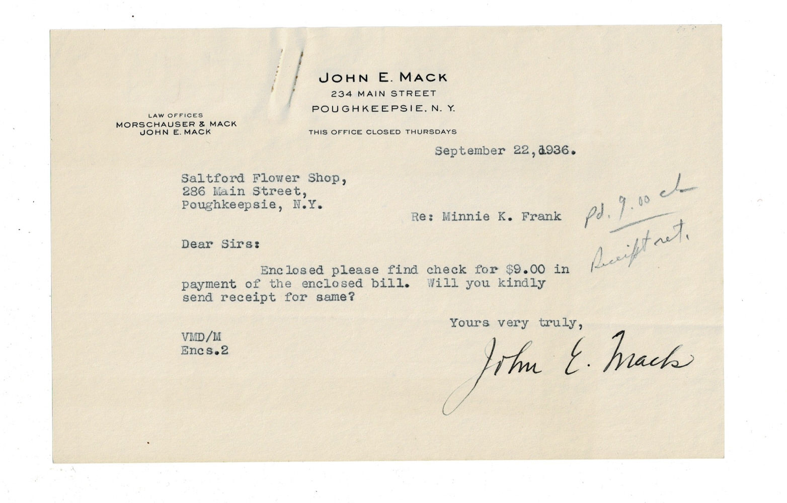 Image for TYPED NOTE SIGNED by JOHN E. MACK, the State Supreme Court Justice who helped launch FDR's career. TYPED NOTE SIGNED by JOHN E. MACK, the State Supreme Court Justice who helped launch FDR's career.