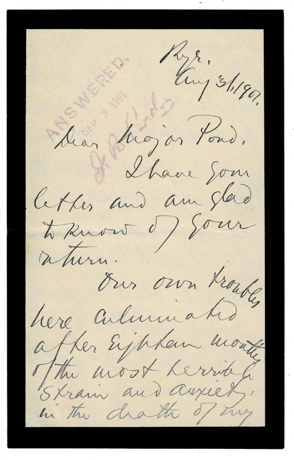 Image for TWO LETTERS SIGNED by the President of the Lotos Club and Freemason FRANK RICHARD LAWRENCE, including and AUTOGRAPH LETTER penned but a few days after the death of his wife. TWO LETTERS SIGNED by the President of the Lotos Club and Freemason FRANK RICHARD LAWRENCE, including and AUTOGRAPH LETTER penned but a few days after the death of his wife.