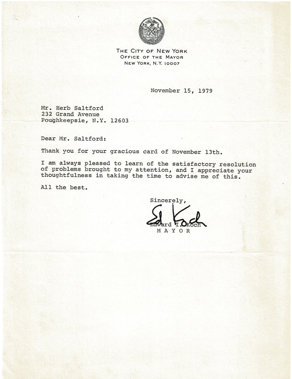 Image for TYPED LETTER SIGNED by New York City Mayor ED KOCH, thanking Herb Saltford for his card and resolving a problem. TYPED LETTER SIGNED by New York City Mayor ED KOCH, thanking Herb Saltford for his card and resolving a problem.