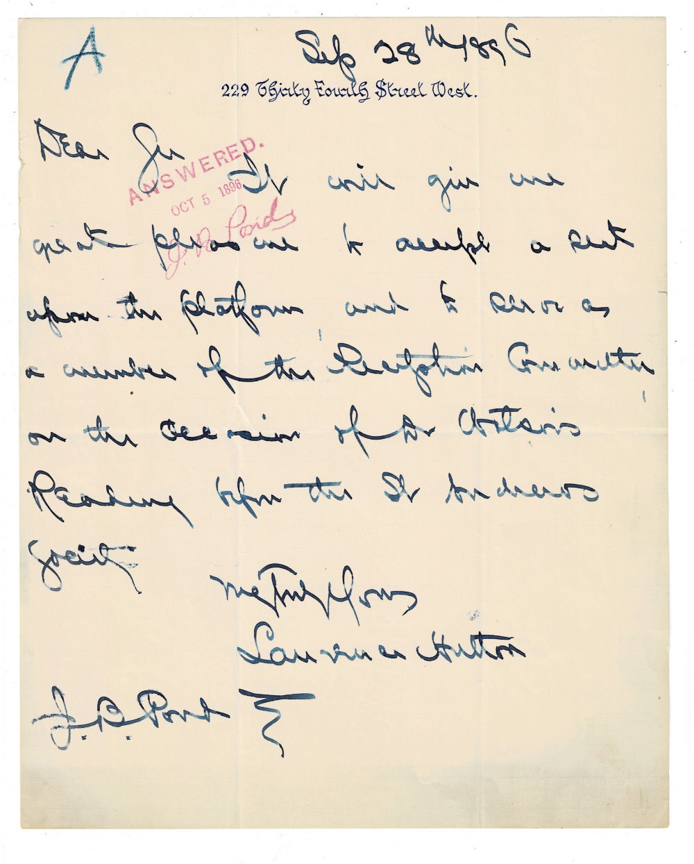 AUTOGRAPH LETTER SIGNED by the American Essayist and Critic LAURENCE HUTTON to the American impressario and lecture manager James B. Pond, accepting a seat as a member of the reception committee for Dr. John Watson (aka Ian Maclaren).