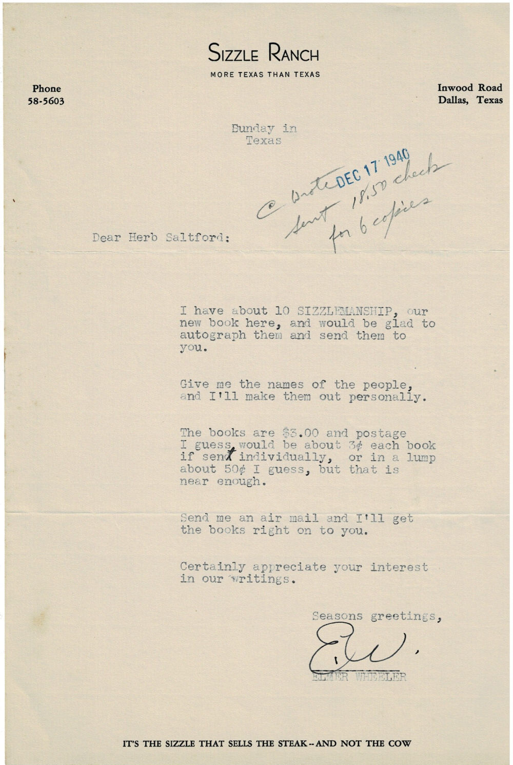 Image for TYPED LETTER SIGNED by the creative sales genius ELMER WHEELER who created the phrase TYPED LETTER SIGNED by the creative sales genius ELMER WHEELER who created the phrase