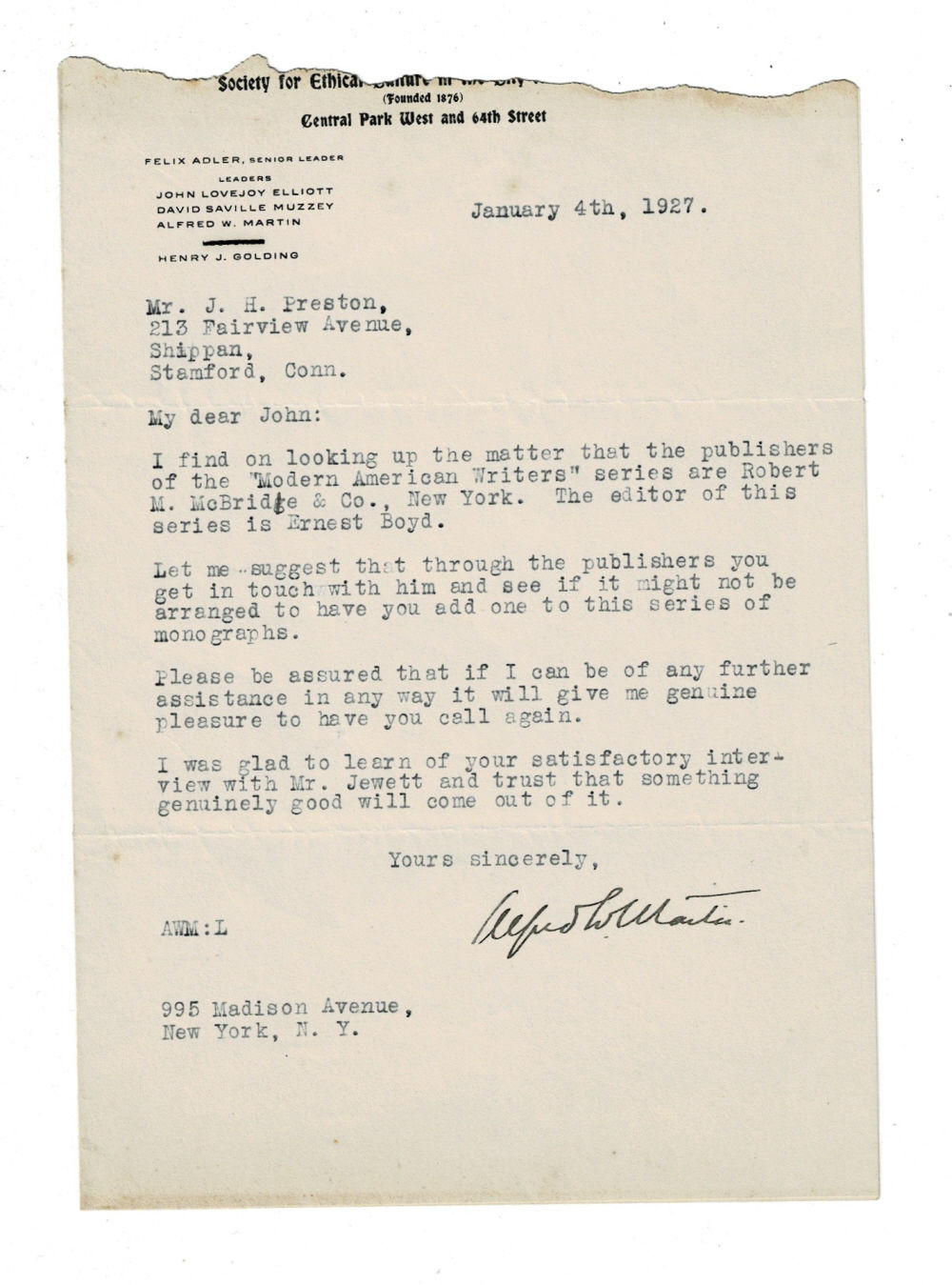 Image for TYPED LETTER SIGNED by the associate leader of the Society for Ethical Culture of New York ALFRED WILHELM MARTIN to the American author and historian John Hyde Preston. TYPED LETTER SIGNED by the associate leader of the Society for Ethical Culture of New York ALFRED WILHELM MARTIN to the American author and historian John Hyde Preston.
