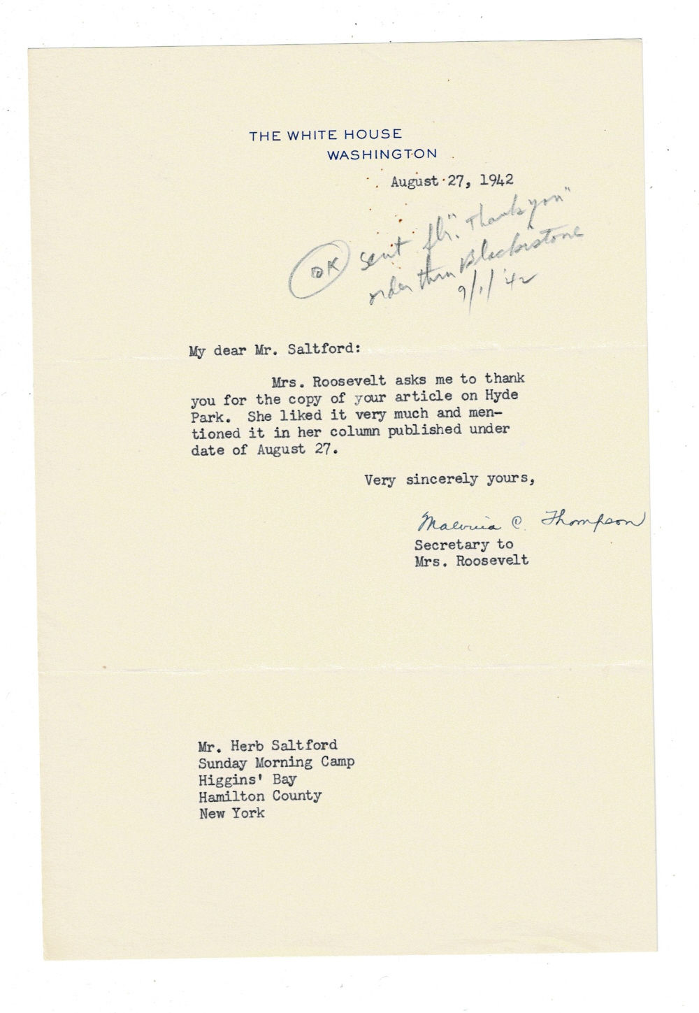 Image for TYPED LETTER SIGNED by MALVINA THOMPSON, Eleanor Roosevelt's private secretary writes on behalf of the First Lady. TYPED LETTER SIGNED by MALVINA THOMPSON, Eleanor Roosevelt's private secretary writes on behalf of the First Lady.