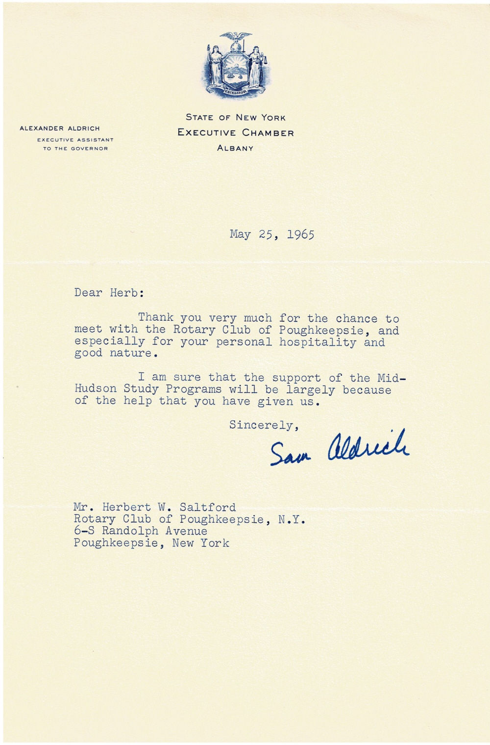 Image for TWO TYPED LETTERS SIGNED by SAM ALDRICH, then chairman of Rockfeller's Cabinet Committee for Civil Rights to Herb Saltford of Poughkeepsie. TWO TYPED LETTERS SIGNED by SAM ALDRICH, then chairman of Rockfeller's Cabinet Committee for Civil Rights to Herb Saltford of Poughkeepsie.