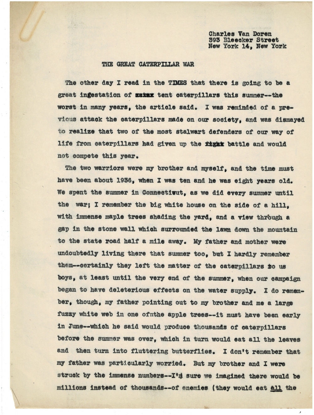 ORIGINAL TYPED MANUSCRIPTS by CHARLES VAN DOREN, consisting of 2 typescripts and 2 carbon typescripts for stories and 2 poems.