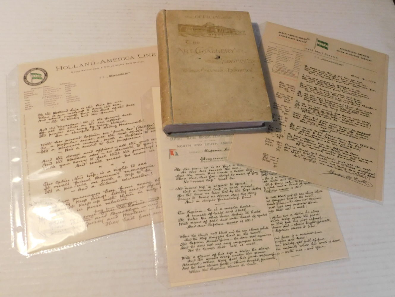 Image for AUTOGRAPH MANUSCRIPT POEMS penned by the author & museum curator CHARLES M. KURTZ aboard ships on three ocean voyages. Together with the book ILLUSTRATIONS FROM THE ART GALLERY OF THE WORLD'S COLUMBIAN EXPOSITION, which he edited. AUTOGRAPH MANUSCRIPT POEMS penned by the author & museum curator CHARLES M. KURTZ aboard ships on three ocean voyages. Together with the book ILLUSTRATIONS FROM THE ART GALLERY OF THE WORLD'S COLUMBIAN EXPOSITION, which he edited.