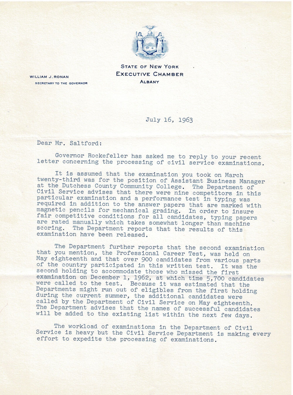 Image for TYPED LETTER SIGNED by WILLIAM J. RONAN as Secretary to Governor Nelson Rockefeller regarding the processing of civil service examinations. TYPED LETTER SIGNED by WILLIAM J. RONAN as Secretary to Governor Nelson Rockefeller regarding the processing of civil service examinations.