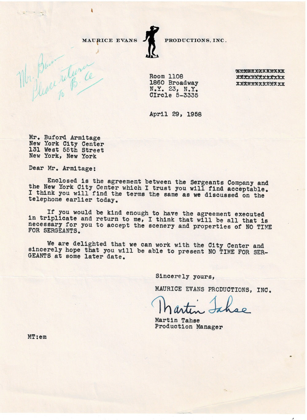 TWO TYPED LETTERS SIGNED by the Broadway and Television Producer MARTIN TAHSE regarding theatrical productions of 