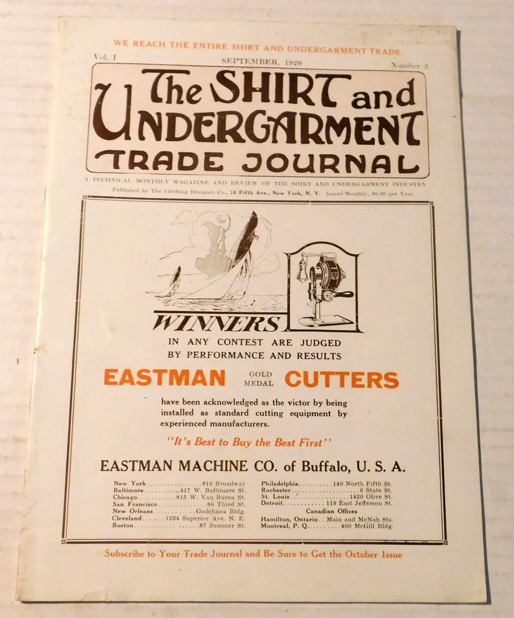 THE SHIRT AND UNDERGARMENT TRADE JOURNAL. A Technical Monthly Magazine and Review of the Shirt and Undergarment Industry. Vol. 1, Number 2. September, 1920.
