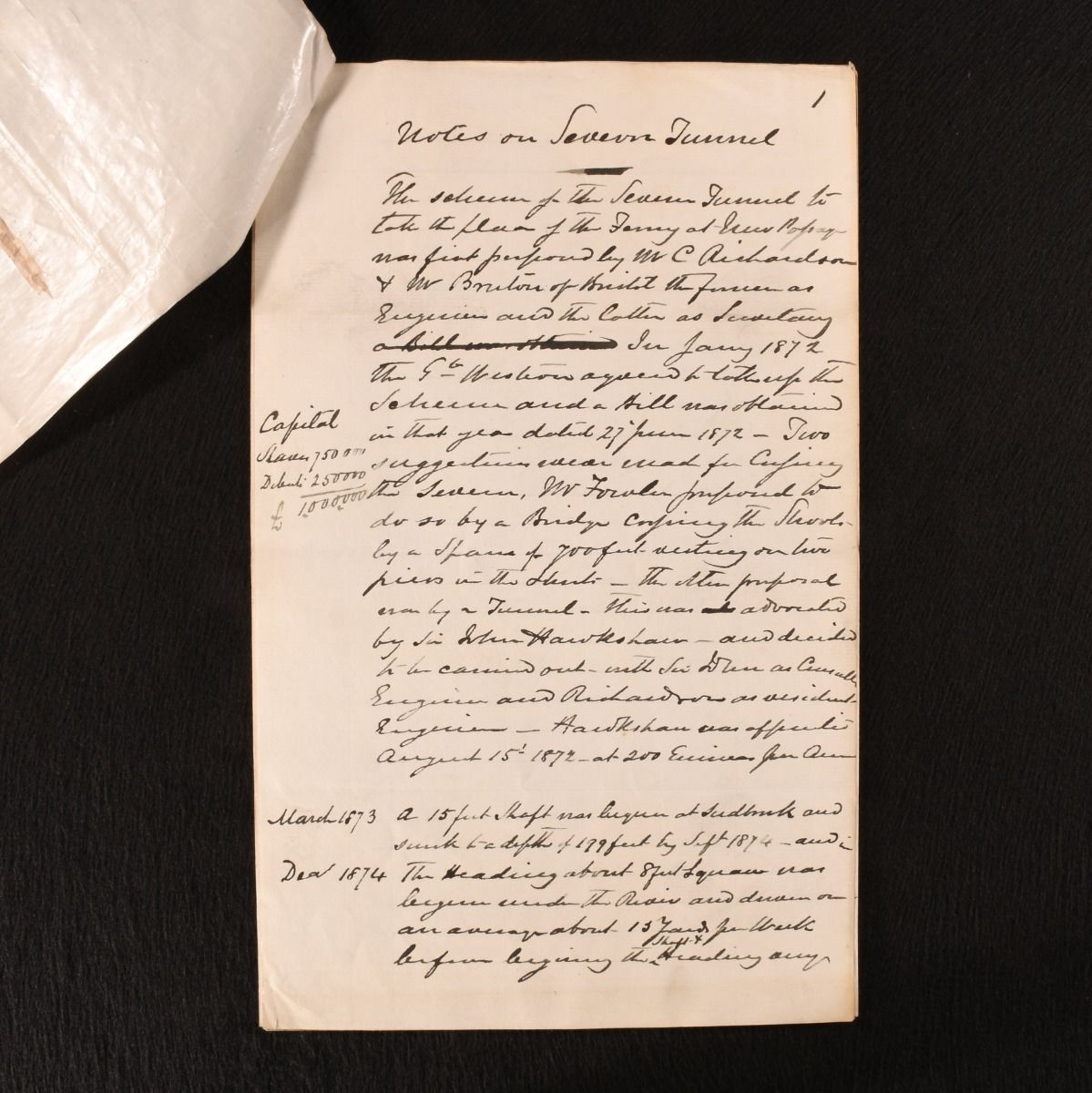 [John Hawkshaw] - Handwritten Notes on the Severn Tunnel
