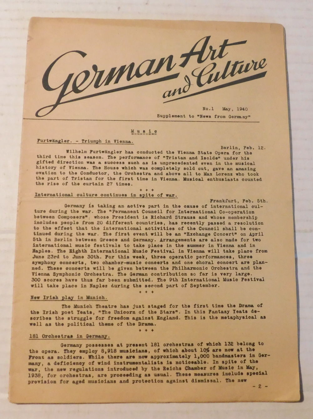 GERMAN ART AND CULTURE No. 1, May, 1940. Supplement to 