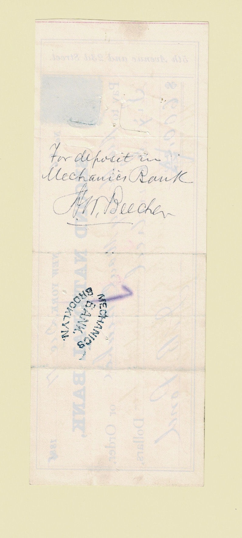 Image for A PARTIALLY PRINTED DOCUMENT SIGNED. A check signed by the American Lecture Manager James B. Pond, ENDORSED & SIGNED by HENRY WARD BEECHER as payment for lectures given during his last lecture tour in Britain & Ireland. A PARTIALLY PRINTED DOCUMENT SIGNED. A check signed by the American Lecture Manager James B. Pond, ENDORSED & SIGNED by HENRY WARD BEECHER as payment for lectures given during his last lecture tour in Britain & Ireland.