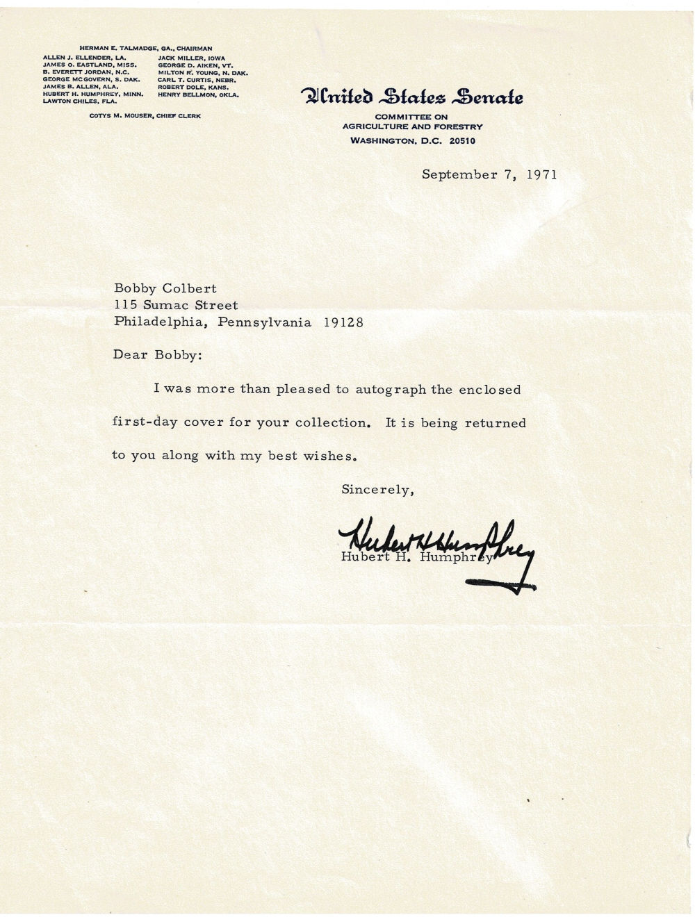 Image for TYPED LETTER SIGNED by the former Vice President HUBERT HUMPHREY as U.S. Senator from Minnesota. TYPED LETTER SIGNED by the former Vice President HUBERT HUMPHREY as U.S. Senator from Minnesota.