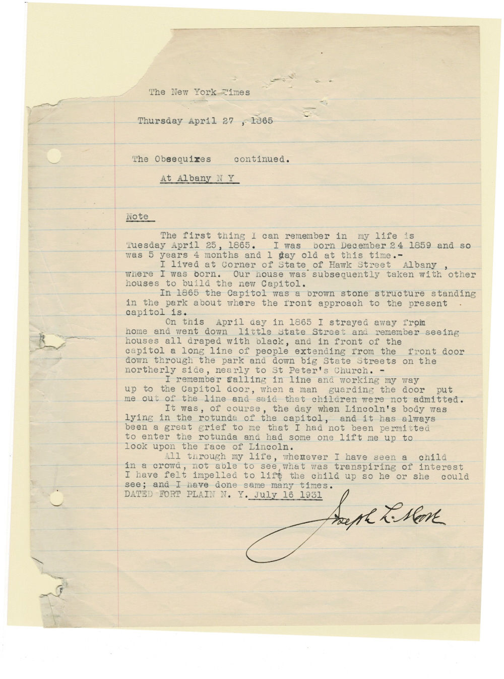 WONDERFUL TYPED REMEMBRANCE SIGNED by the Child Who Could Not View LINCOLN lying in state at the Rotunda, Montgomery County Judge JOSEPH LEONARD MOORE.