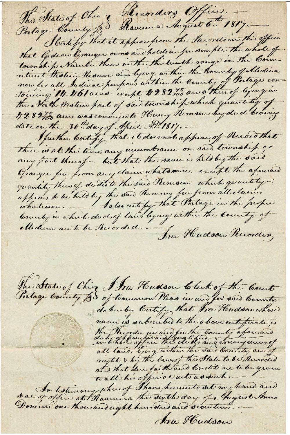 HOLOGRAPH DOCUMENT: The State of Ohio Portage County. RECORDING OFFICE RAVENNA AUGUST 6th, 1817. RECORDING OF A DEED FROM GIDEON GRANGER to HENRY REMSEN.