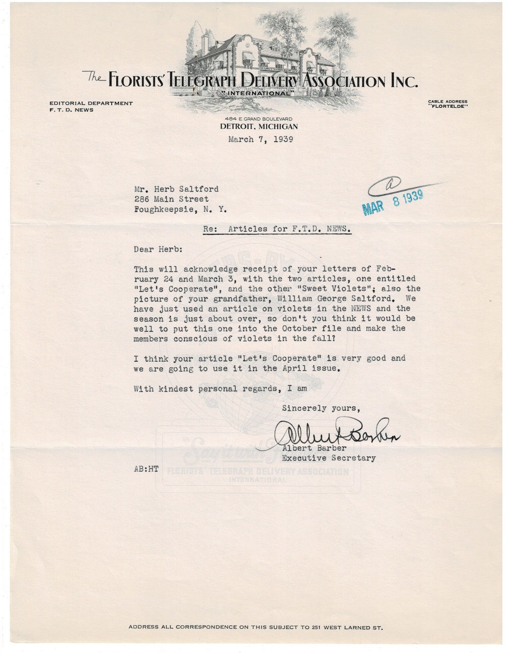 TYPED LETTER SIGNED by ALBERT BARBER as Executive Secretary of The Florists' Telegraph Delivery Association, Inc. (F.T.D.) regarding articles by Poughkeepsie, NY florist Herb Saltford.