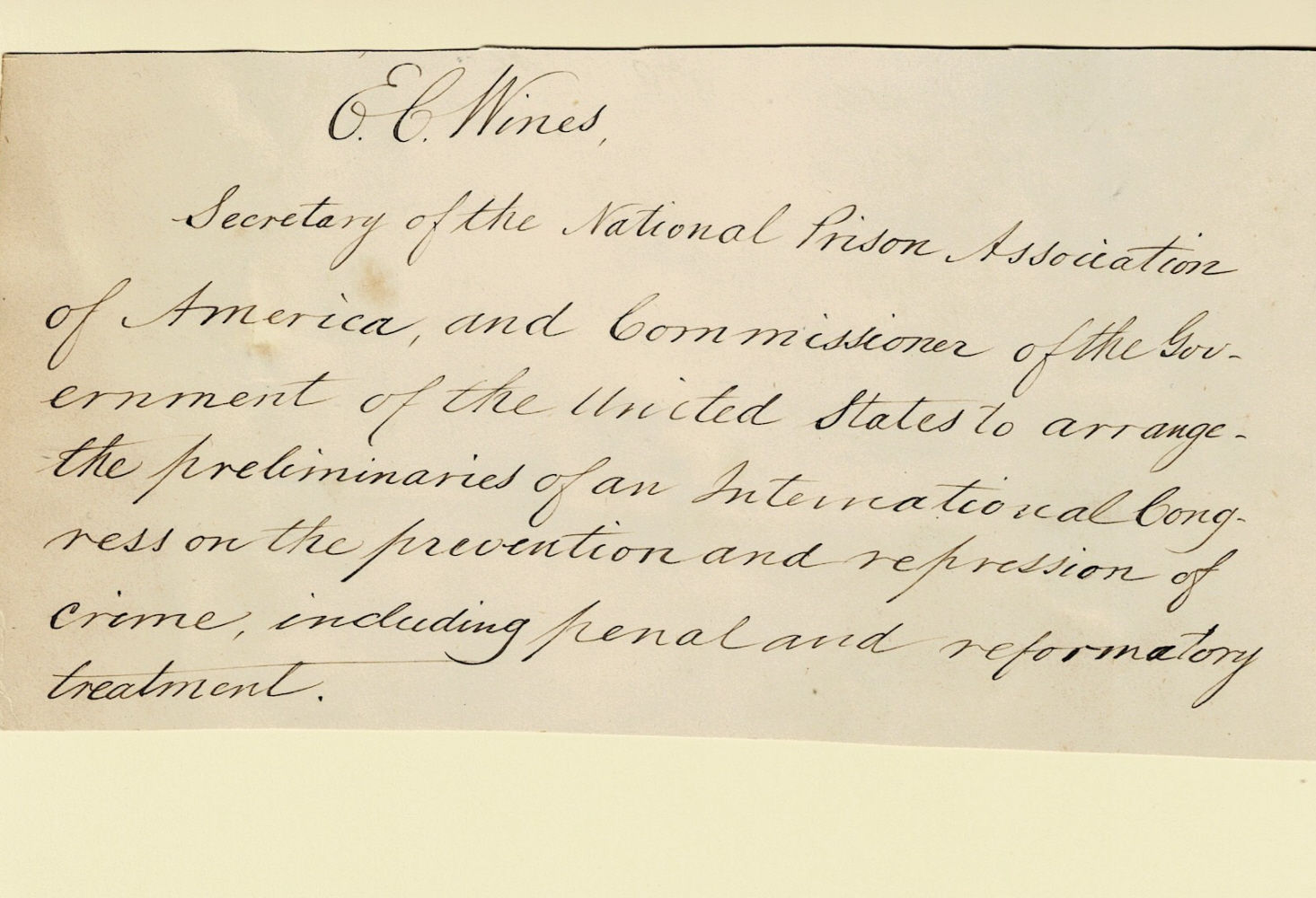 AUTOGRAPH CREDENTIALS SIGNED by the 19th Century Prison Reformer ENOCH COBB WINES.