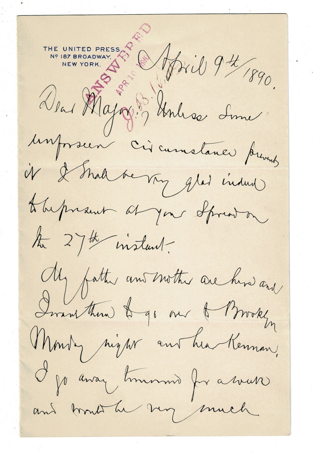 AUTOGRAPH LETTER SIGNED by the journalist who invented the Phillips Code for the telegraph WALTER P. PHILLIPS requesting information about the explorer George Kennan's lecture from Major Pond.