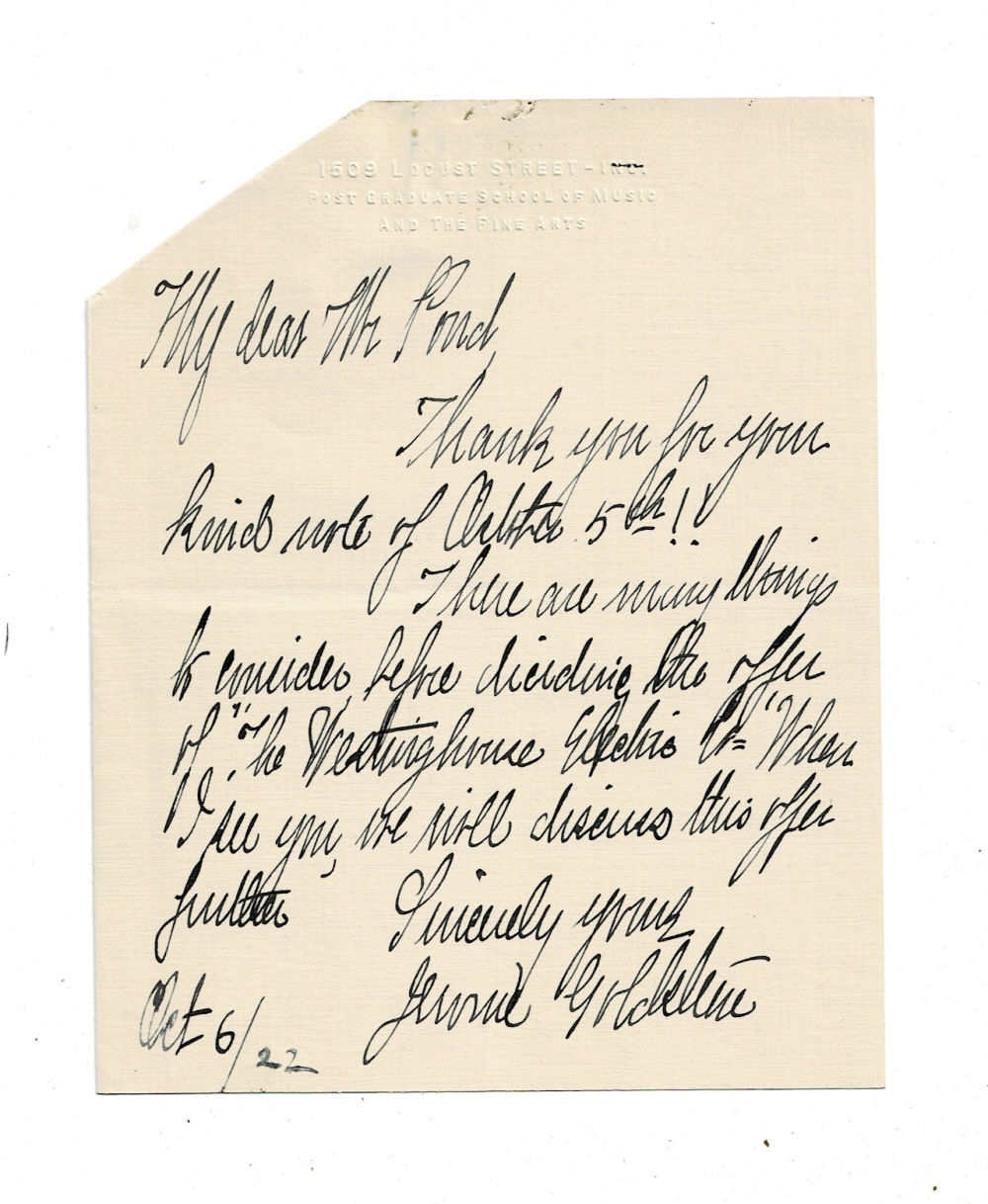 AUTOGRAPH NOTE SIGNED by JEROME GOLDSTEIN, the classical violinist who played the Premiere of Charles Ives' Second Violin Sonata, among other modern compositions.