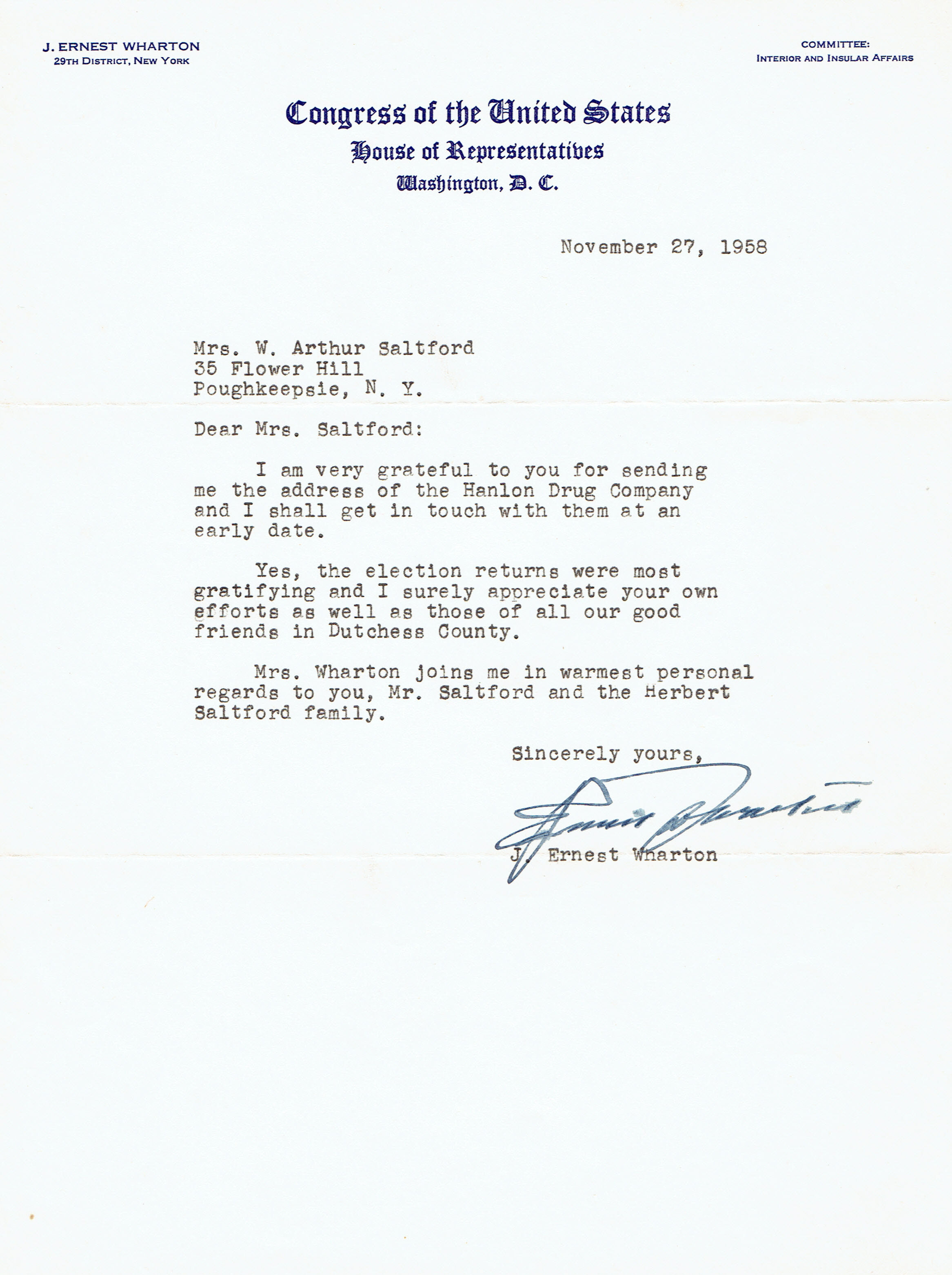 Wharton, J. Ernest. (1899-1990). New York Republican Congressman. - Typed Letter Signed by New York Republican Congressman J. Ernest Wharton.