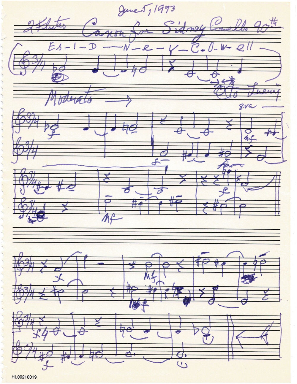 CANON FOR SIDNEY COWELLS 90TH: An ORIGINAL MANUSCRIPT MUSIC SCORE of a Flute Duet Penned in Ink by the composer OTTO LUENING, and presented to Henry Cowell's wife Sidney Cowell with a TYPED NOTE SIGNED by LUENING.