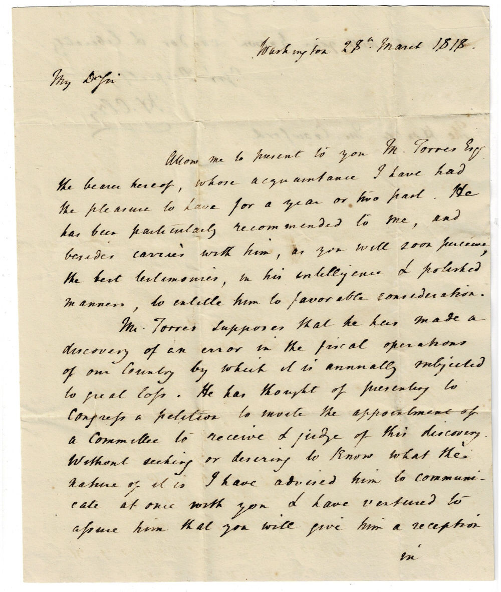 Image for AUTOGRAPH LETTER SIGNED by HENRY CLAY as Speaker of the House to Secretary of the Treasury William Harris Crawford, regarding the Colombian diplomat & economist Manuel Torres. AUTOGRAPH LETTER SIGNED by HENRY CLAY as Speaker of the House to Secretary of the Treasury William Harris Crawford, regarding the Colombian diplomat & economist Manuel Torres.