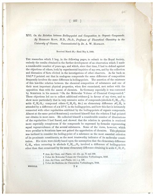 On the relation between boiling-point and composition in organic compounds. Extract from: Philosophical Transactions of the Royal Society of London. For the year MDCCCLX, Volume 150.